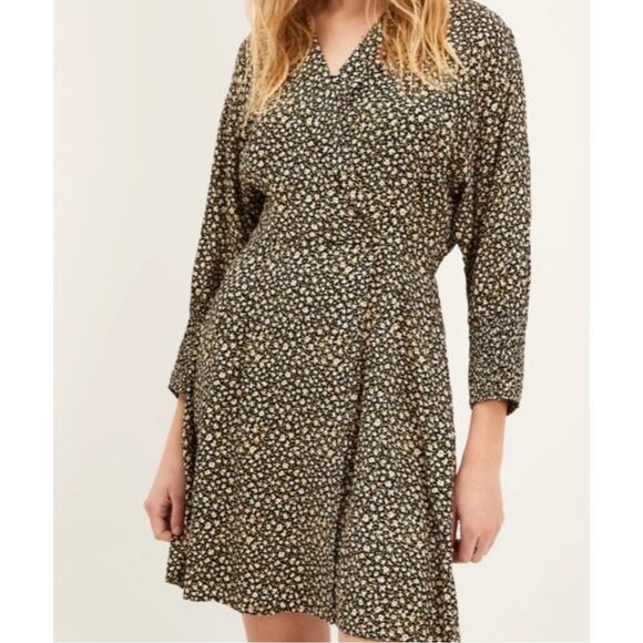 Frank & Oak Wrap Dress Size Small Black Floral Summer Garden 3/4 Ruched Sleeve - Picture 1 of 9